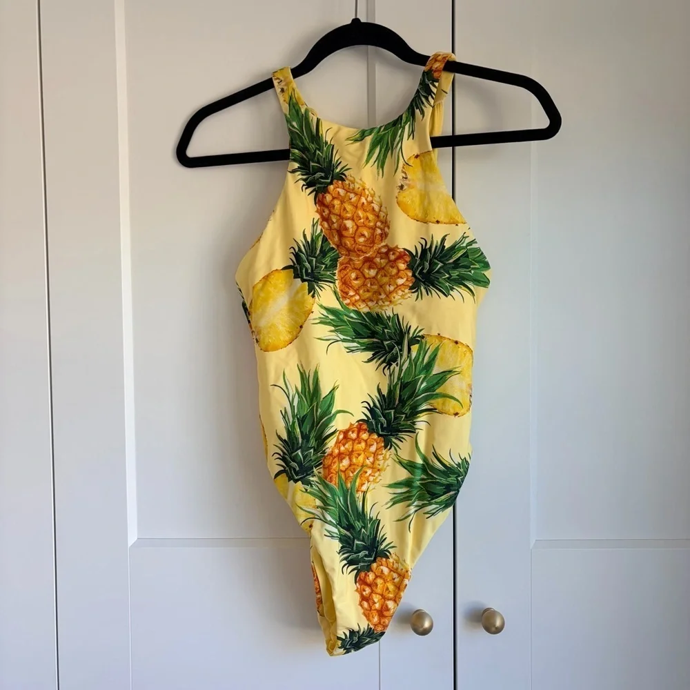 Anthropologie Pineapple Yellow and Green High Neck Swimsuit | S
